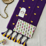 Deep Orchid Handloom Saree with Heart Butti Work and Multicolor Elephant Print Blouse