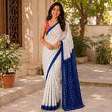 Ivory Blue Cross Digital Printed Linen Cotton Saree