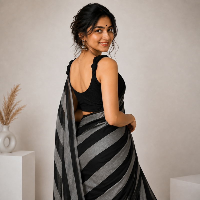 Charcoal Black Linen Cotton Digital Printed Saree with Elegant Contrast Blouse