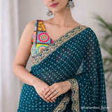 Turquoise Blue Designer Soft Georgette Saree with Elegant Embroidery Border & Bengaluri Blouse