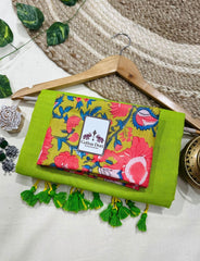 Premium Handloom Cotton Saree - Beautiful lemon green saree with floral printed blouse - Cotton Dori