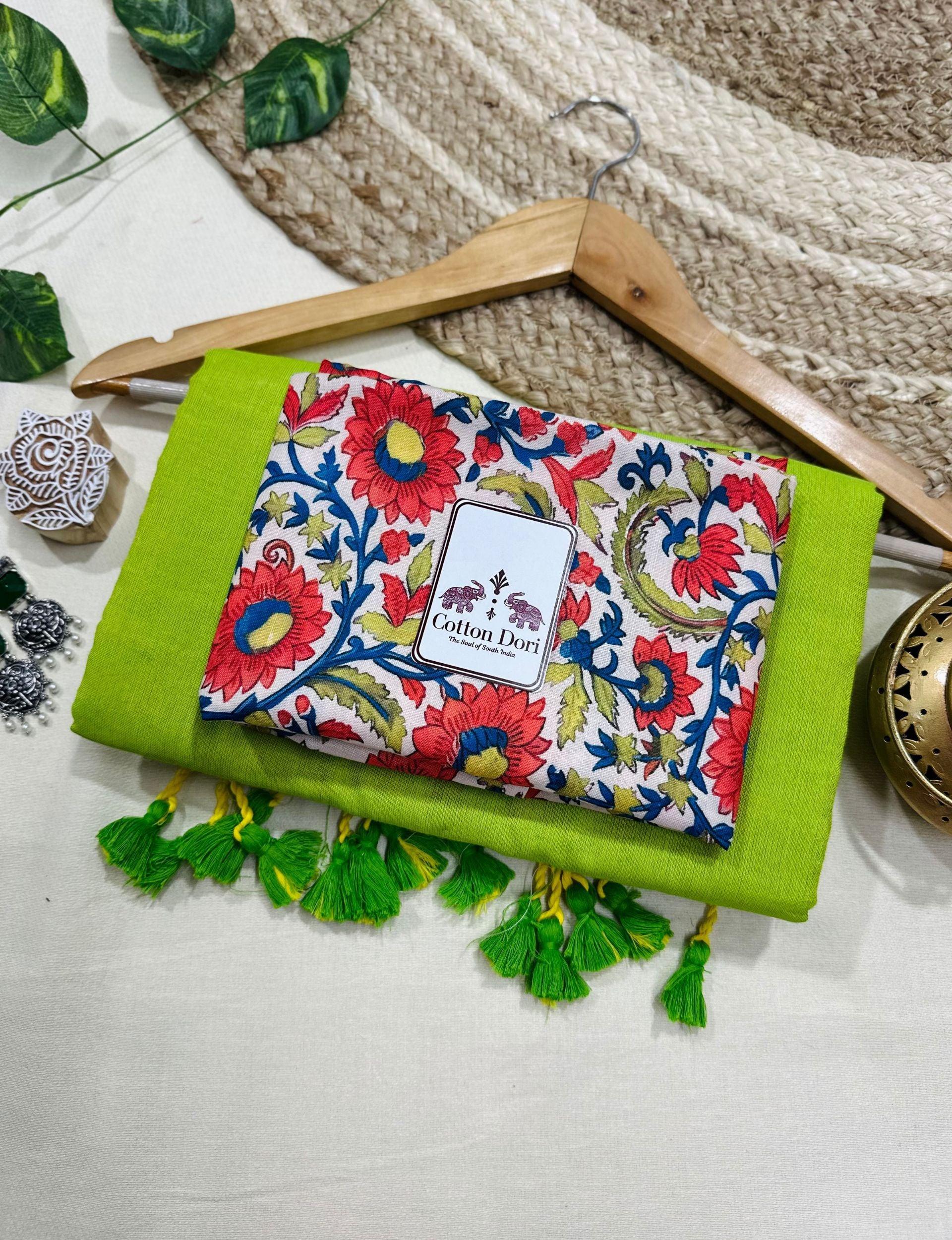 Premium Handloom Cotton Saree - Pure cotton lime green saree with georgous flower printed blouse - Cotton Dori