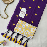 Dreamy Violet Handloom Saree with Embroidered Heart Motifs and Sunshine Floral Blouse