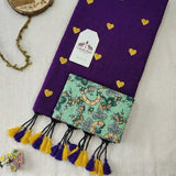 Velvet Purple Handloom Saree with Mustard Heart Butti Work and Mint Floral Printed Blouse