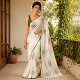 Sage Pearl Line Cotton Rose Printed Saree with Matching Blouse