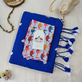 Moonlit Blue Handloom Saree with White Heart Butti and Quirky Elephant Printed Blouse