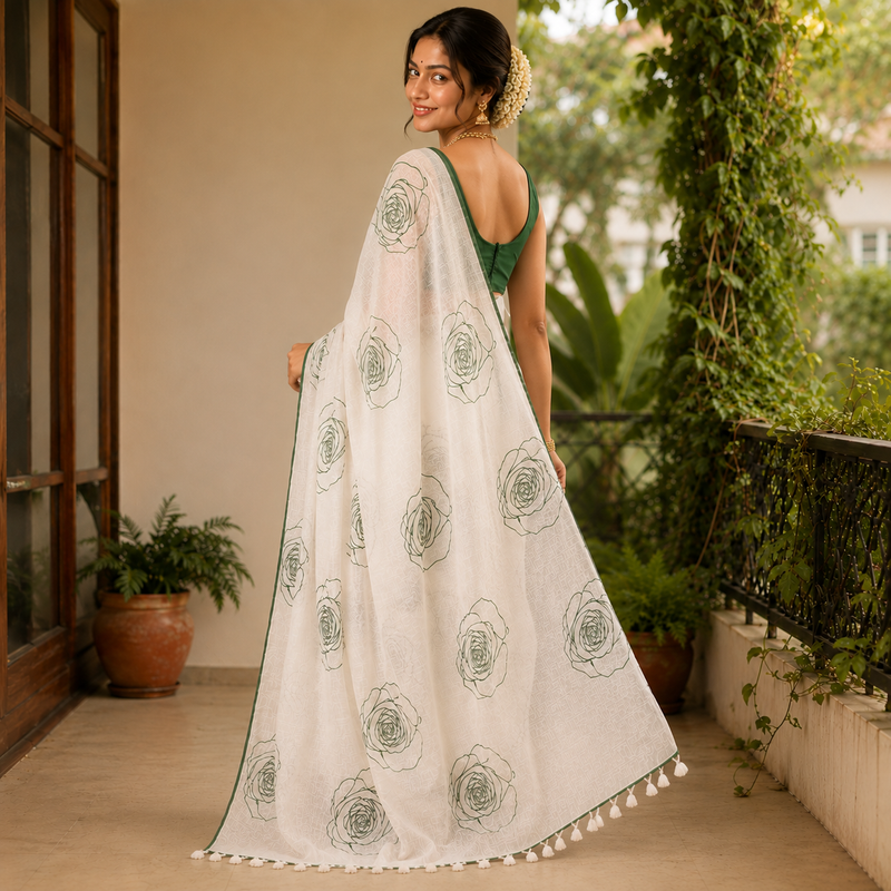 Sage Pearl Line Cotton Rose Printed Saree with Matching Blouse