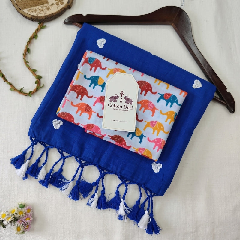Moonlit Blue Handloom Saree with White Heart Butti and Quirky Elephant Printed Blouse