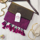 Magenta Khadi Cotton Saree with Metallic Olive Weave & Zari Border