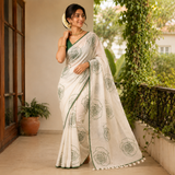 Sage Pearl Line Cotton Rose Printed Saree with Matching Blouse