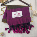 Magenta Khadi Cotton Saree with Metallic Olive Weave & Zari Border