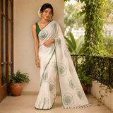 Sage Pearl Line Cotton Rose Printed Saree with Matching Blouse