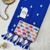 Moonlit Blue Handloom Saree with White Heart Butti and Quirky Elephant Printed Blouse