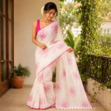 Bloom Pearl Line Cotton Floral Printed Saree with Matching Blouse