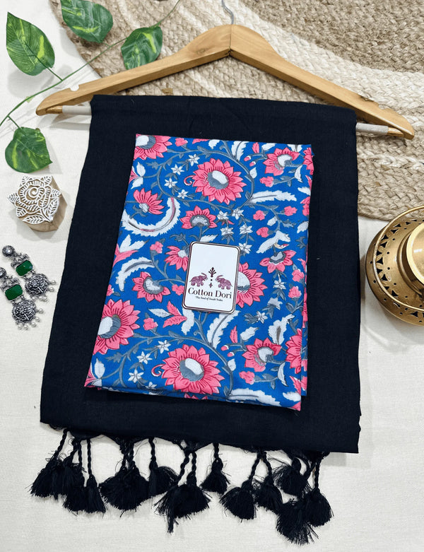 Premium Handloom Cotton Saree - Crow black handloom cotton saree with blue printed blouse - Cotton Dori