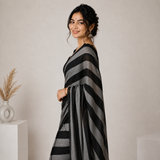 Charcoal Black Linen Cotton Digital Printed Saree with Elegant Contrast Blouse