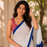 Ivory Blue Cross Digital Printed Linen Cotton Saree