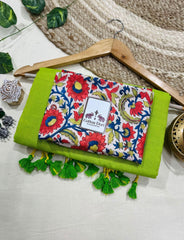 Premium Handloom Cotton Saree - Pure cotton lime green saree with georgous flower printed blouse - Cotton Dori