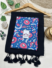 Premium Handloom Cotton Saree - Crow black handloom cotton saree with blue printed blouse - Cotton Dori