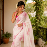 Bloom Pearl Line Cotton Floral Printed Saree with Matching Blouse