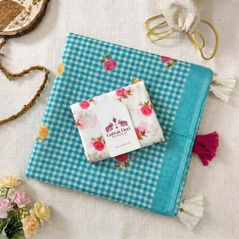 Elegant Aqua Green Linen Cotton Checks Saree with Delicate Rose Motifs & White Floral Blouse