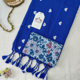 Celestial Blue Handloom Saree with White Heart Motifs and Fancy Floral Printed Blouse Piece
