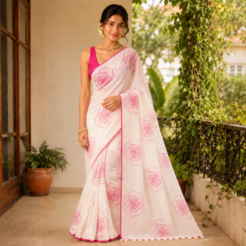 Bloom Pearl Line Cotton Floral Printed Saree with Matching Blouse