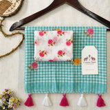 Elegant Aqua Green Linen Cotton Checks Saree with Delicate Rose Motifs & White Floral Blouse