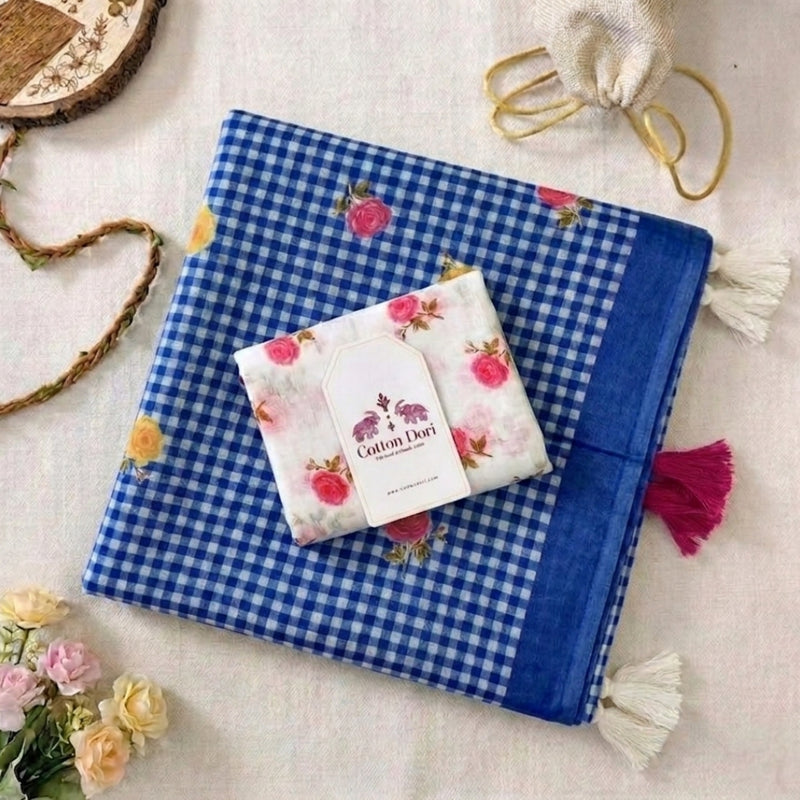 Aqua Blue  Linen Cotton Checks Saree with Delicate Floral Prints & White Floral Blouse