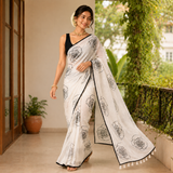 Cloud White Linen Cotton Saree with Black Rose Print & Contrast Border