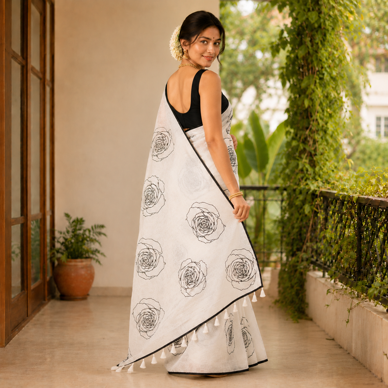 Cloud White Linen Cotton Saree with Black Rose Print & Contrast Border