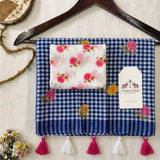 Aqua Blue  Linen Cotton Checks Saree with Delicate Floral Prints & White Floral Blouse