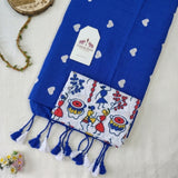 Urban Sapphire Handloom Saree with White Heart Embroidery & Folk Art Printed Blouse