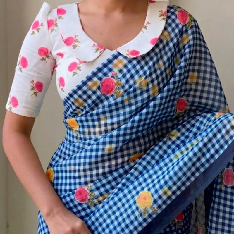 Aqua Blue  Linen Cotton Checks Saree with Delicate Floral Prints & White Floral Blouse
