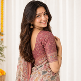 Rosewood Pink Linen Cotton Saree with Elegant Multicolor Floral Digital Print