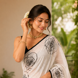 Cloud White Linen Cotton Saree with Black Rose Print & Contrast Border