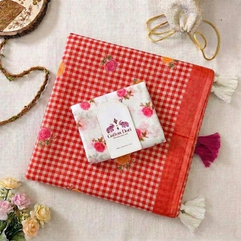 Classic Orange Linen Cotton Checks Saree with Floral Highlights & White Floral Blouse