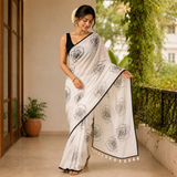 Cloud White Linen Cotton Saree with Black Rose Print & Contrast Border