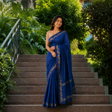 Twilight Blue Linen Cotton Digital Printed Floral Border Saree