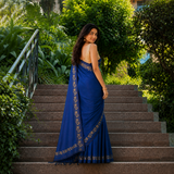 Twilight Blue Linen Cotton Digital Printed Floral Border Saree