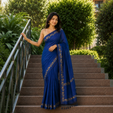Twilight Blue Linen Cotton Digital Printed Floral Border Saree