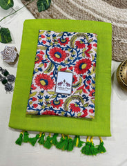 Premium Handloom Cotton Saree - Pure cotton lime green saree with georgous flower printed blouse - Cotton Dori