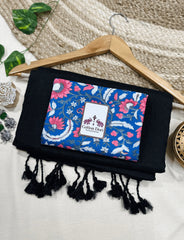 Premium Handloom Cotton Saree - Crow black handloom cotton saree with blue printed blouse - Cotton Dori