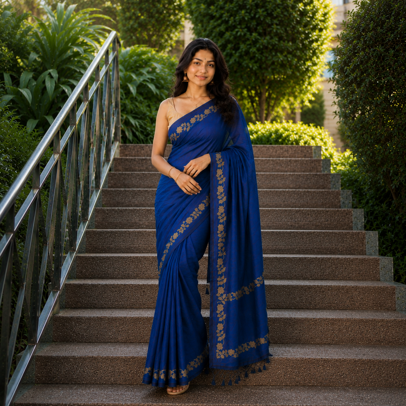 Twilight Blue Linen Cotton Digital Printed Floral Border Saree