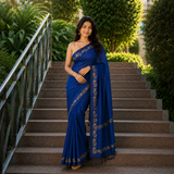 Twilight Blue Linen Cotton Digital Printed Floral Border Saree