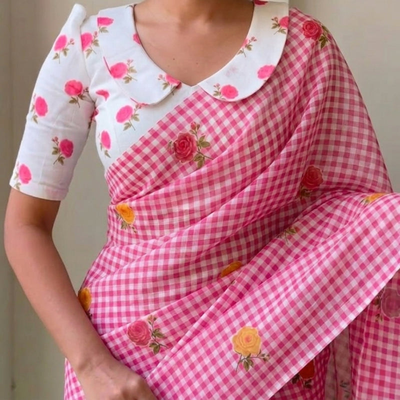 Chic Pink Linen Cotton Checks Saree with Soft Rose Prints & White Floral Blouse