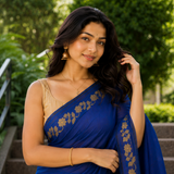 Twilight Blue Linen Cotton Digital Printed Floral Border Saree