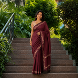 Deep Maroon Linen Cotton Digital Printed Floral Border Saree