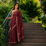 Deep Maroon Linen Cotton Digital Printed Floral Border Saree