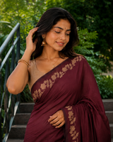 Deep Maroon Linen Cotton Digital Printed Floral Border Saree